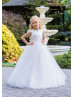 Pearls Beaded White Satin Tulle V Back Chic Flower Girl Dress